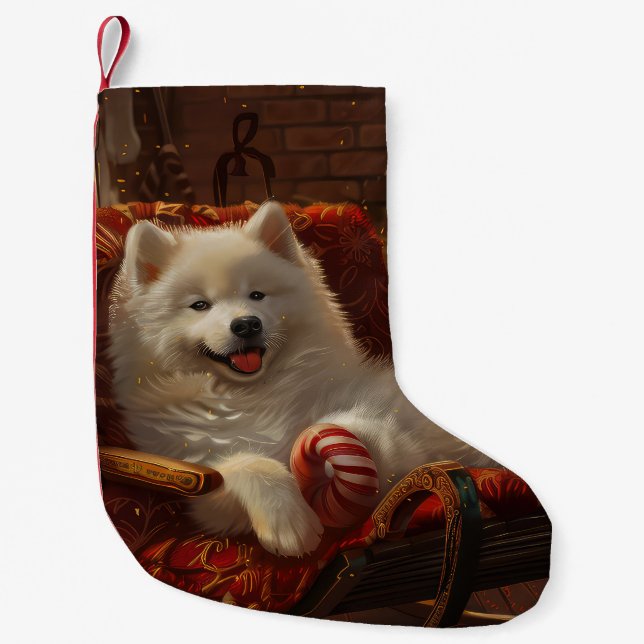 Calcetín Navideño Pequeño Festividad de los Navidades de perro de Samoyed (Anverso)