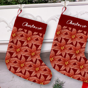 Calcetín Navideño Pequeño Festividad de nombres florales de Poinsettia Roja