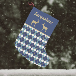 Calcetín Navideño Pequeño Festividad del patrón de reno dorado y argla azul