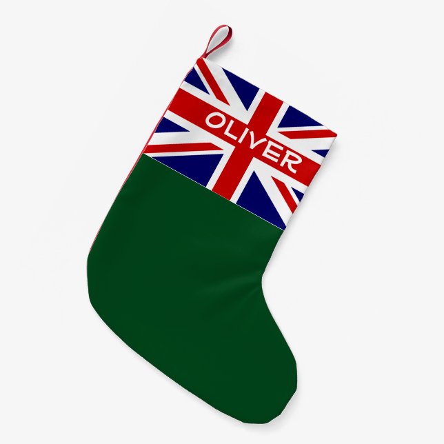Calcetín Navideño Pequeño Festividad personalizada de la bandera británica J (Frente (Colgado))