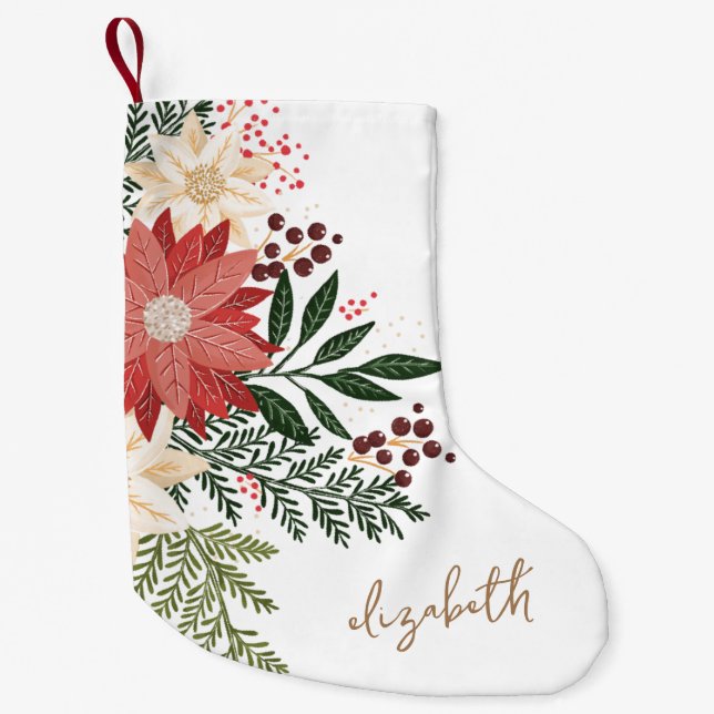 Calcetín Navideño Pequeño Festividad Premium Poinsettia Nombre personalizado (Anverso)
