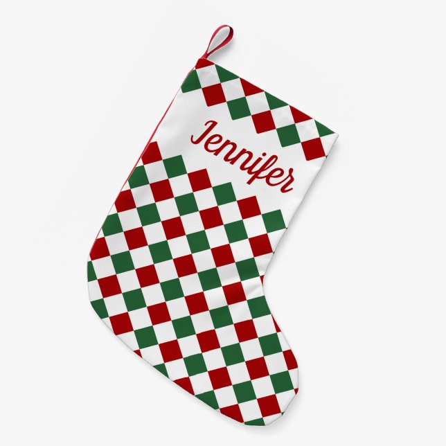 Calcetín Navideño Pequeño Festividad Verde Rojo Chequeado Feliz Navidad (Frente (Colgado))