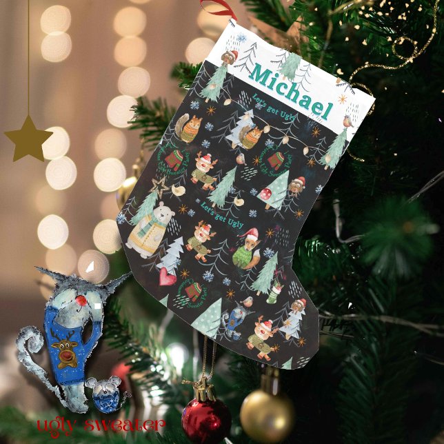 Calcetín Navideño Pequeño Fiesta de Navidades de suéter feo (Cute Ugly Sweater Christmas Party Small Christmas Stocking (Front (Hanging)))