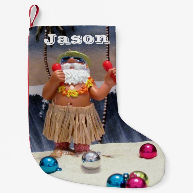 Calcetín Navideño Pequeño Fiesta de playa personalizado de Santa Navidades (Anverso)