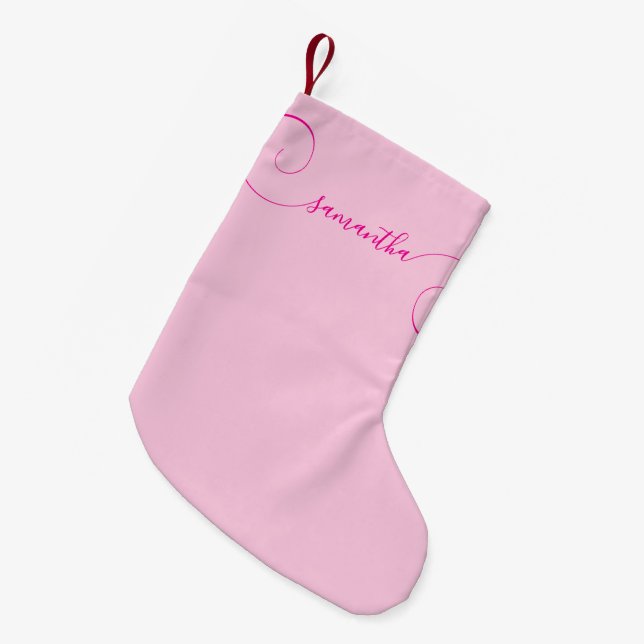 Calcetín Navideño Pequeño Firma rizada rosa caliente (Frente (Colgado))