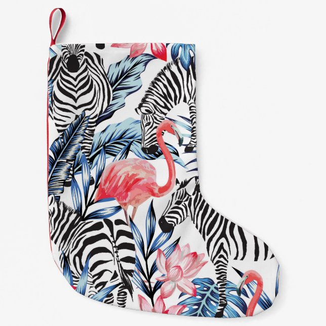 Calcetín Navideño Pequeño Flalia tropical: paraíso de cebra flamenca (Anverso)