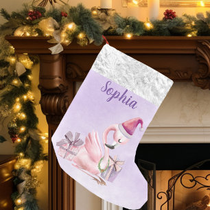 Calcetín Navideño Pequeño Flamenco de vacaciones personalizado bonito morado