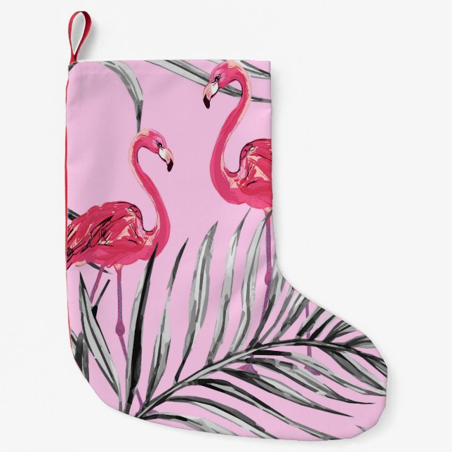 Calcetín Navideño Pequeño Flamencos, patrón de cosecha de acuarela tropical. (Anverso)