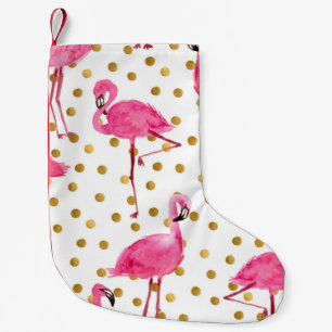 Calcetín Navideño Pequeño Flamencos rosas, puntos dorados, acuarela.