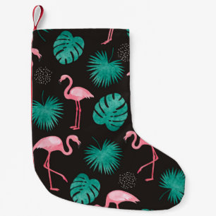 Calcetín Navideño Pequeño Flamingo, hojas de palma: acuarela tropical.