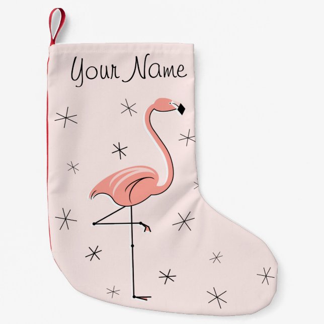 Calcetín Navideño Pequeño Flamingo Nombre rosa portando un lado (Anverso)