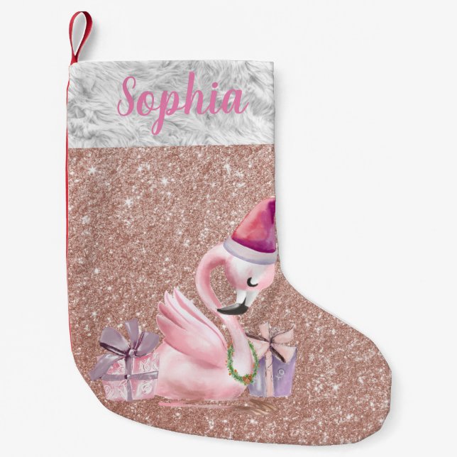 Calcetín Navideño Pequeño Flamingo personalizado Rosa Purpurina de oro (Anverso)