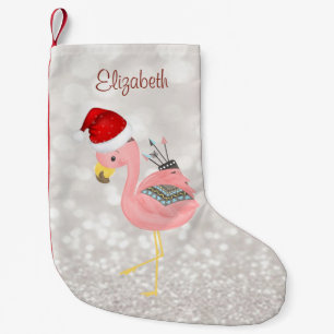 Calcetín Navideño Pequeño Flamingo Rosa Boho Con Santa Hat, Bokeh Purpurinos