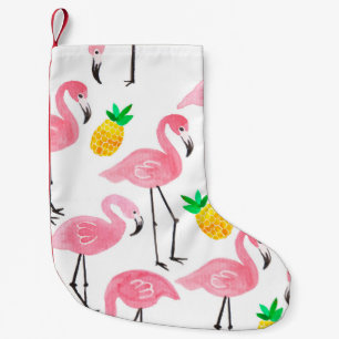 Calcetín Navideño Pequeño Flamingo rosa de color de agua y piña amarilla