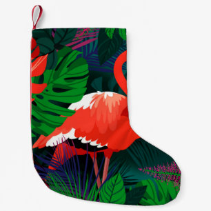Calcetín Navideño Pequeño Flamingo rosa. Hojas tropicales, mariposa rosada,