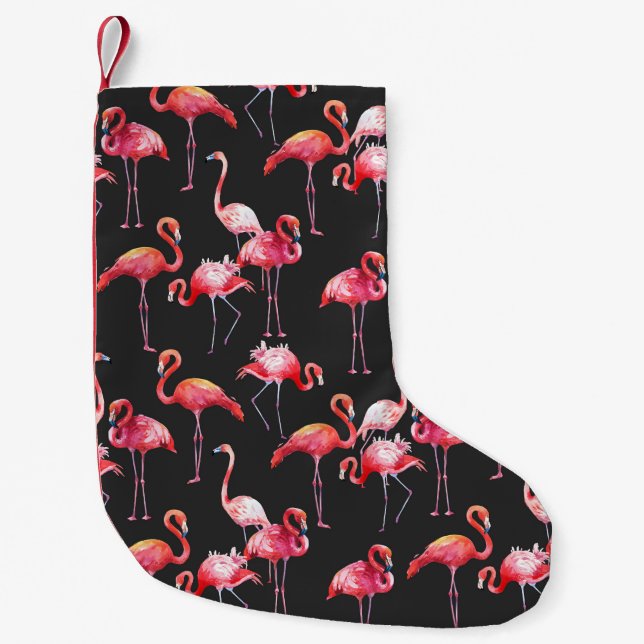 Calcetín Navideño Pequeño Flamingo Rosa: Patrón acuarela tropical. (Anverso)