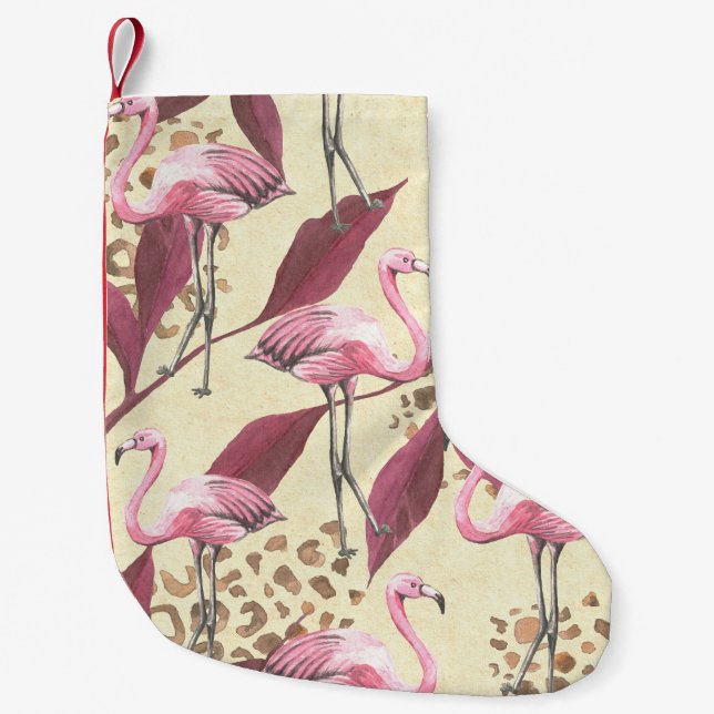 Calcetín Navideño Pequeño Flamingo rosa tropical, patrón leopardo. (Anverso)