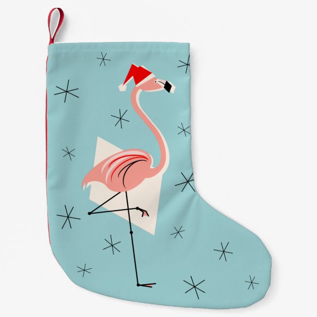 Calcetín Navideño Pequeño Flamingo Santa Blue calza de una cara (Anverso)