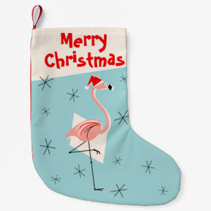 Calcetín Navideño Pequeño Flamingo Santa Blue Merry Christmas