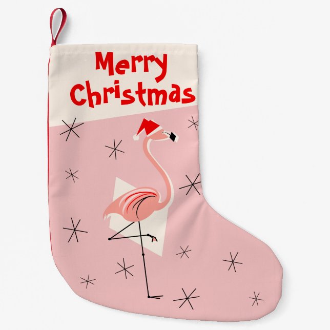 Calcetín Navideño Pequeño Flamingo Santa Pink Merry Christmas unilateral (Anverso)
