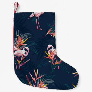 Calcetín Navideño Pequeño Flamingo tropical hawaiano con ave de paraíso flot