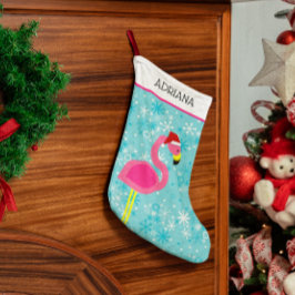 Calcetín Navideño Pequeño Flamingo Turquoise Snowflake Tropical Navidades