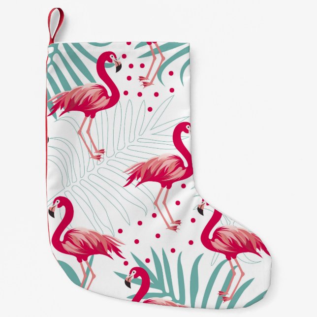 Calcetín Navideño Pequeño Flamingo y hojas tropicales, patrón de verano. (Anverso)