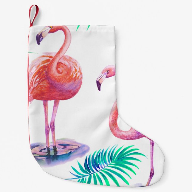 Calcetín Navideño Pequeño Flamingos Tropicales: Orquídeas Acuarela Sin Marea (Anverso)