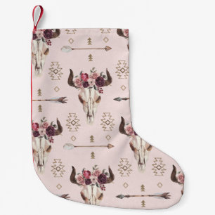 Calcetín Navideño Pequeño Flechas y cráneo de Boho, patrón de acuarela.