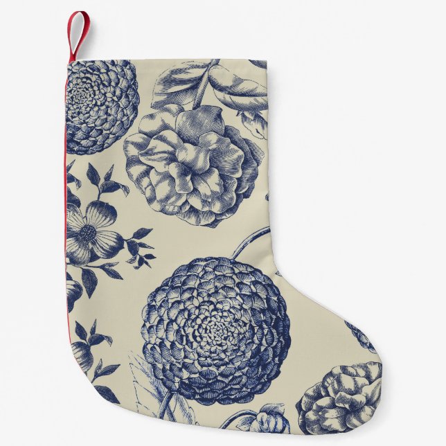Calcetín Navideño Pequeño Flor azul anticuada impresa floral (Anverso)