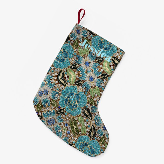 Calcetín Navideño Pequeño flor azul turquesa plateada de moda femenina (Frente (Colgado))