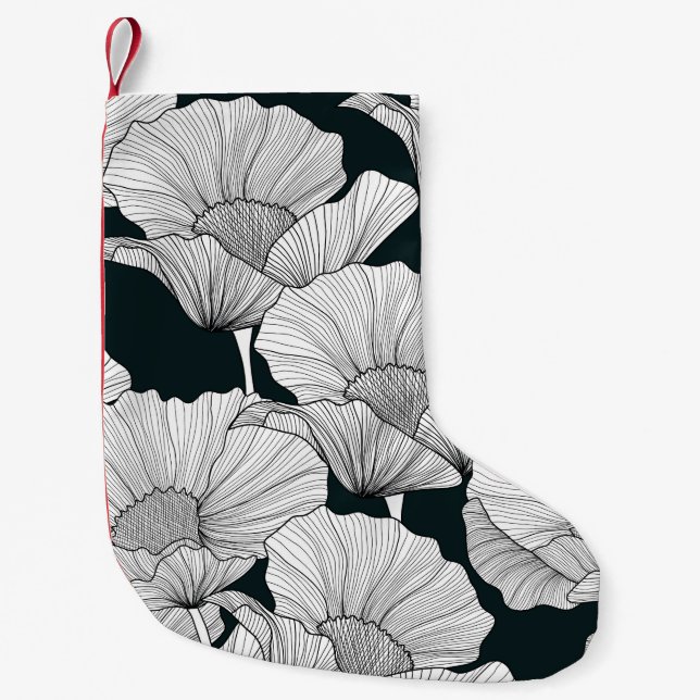Calcetín Navideño Pequeño Flor de amapola, Línea Blanca Negra. (Anverso)