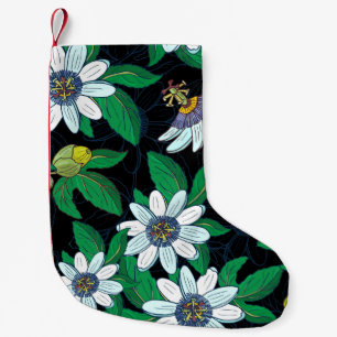 Calcetín Navideño Pequeño Flor de pasionero negro fondo floral sin soldadura