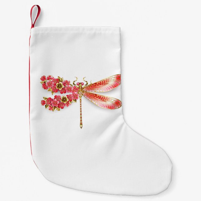 Calcetín Navideño Pequeño Flor libélula con sakura de joyas (Anverso)
