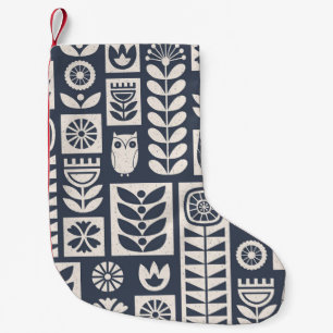 Calcetín Navideño Pequeño Floral escandinava: blanco, azul, Minimalista.