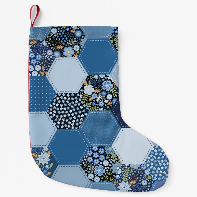 Calcetín Navideño Pequeño Floral, retazos denim: patrón azul. (Anverso)