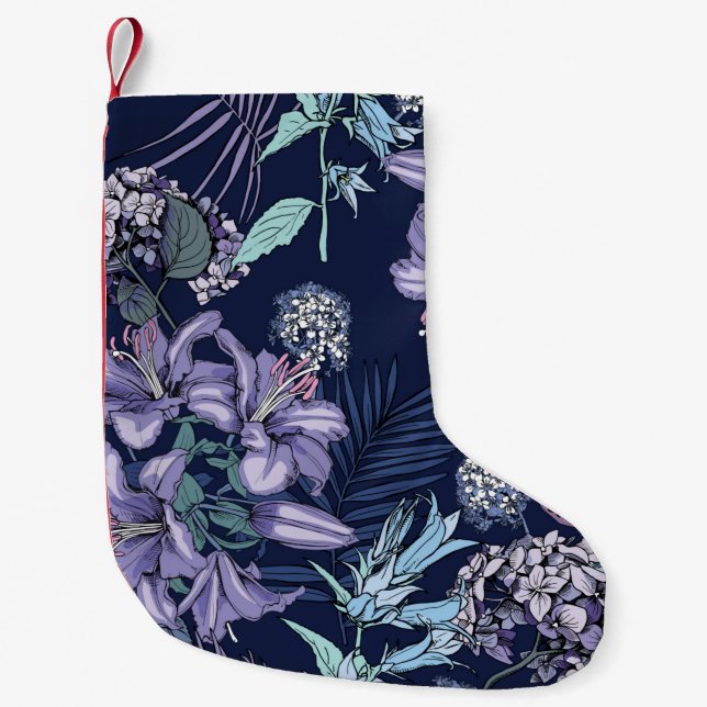 Calcetín Navideño Pequeño Floral seamless pattern. There are Lily, Hydrangea (Anverso)