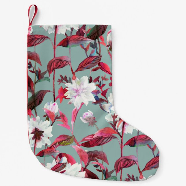 Calcetín Navideño Pequeño Florencia floral. Flores acuarelas sin fisuras. (Anverso)