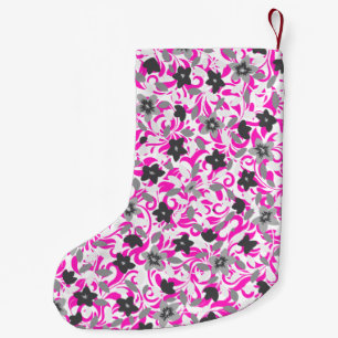 Calcetín Navideño Pequeño Flores abstractas rosadas grises blancas lindas