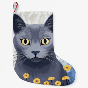 Calcetín Navideño Pequeño Flores amarillas de gato azul ruso