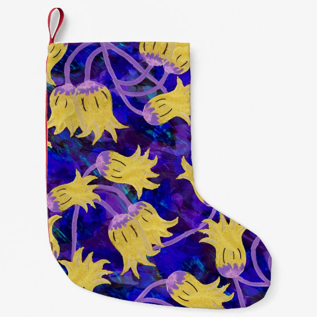 Calcetín Navideño Pequeño Flores amarillas: fondo oscuro acuarela arte (Anverso)