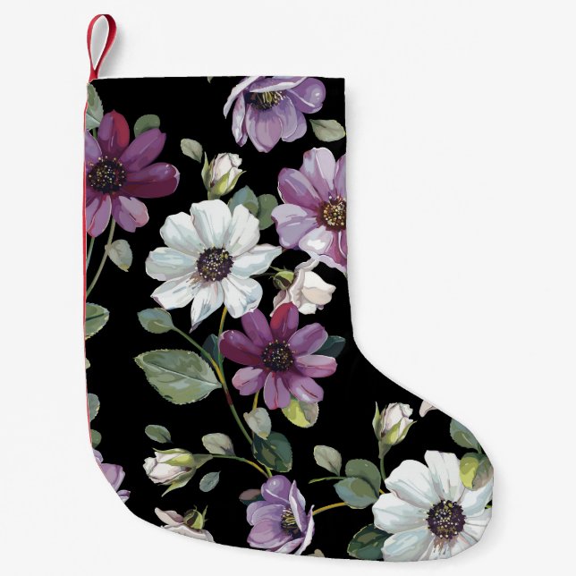 Calcetín Navideño Pequeño Flores Cosmos Elegantes: Sin Marea acuarela. (Anverso)