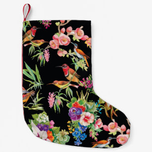 Calcetín Navideño Pequeño Flores de aves silvestres: Vintage negro