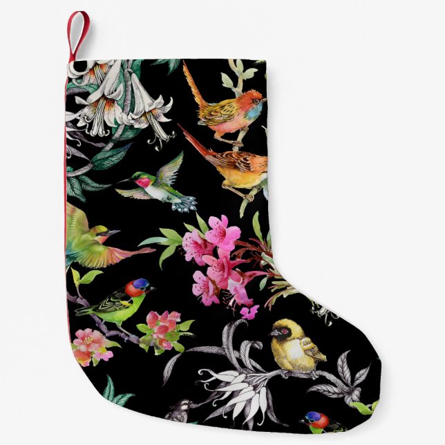 Calcetín Navideño Pequeño Flores de aves tropicales: Patrón acuarela (Anverso)