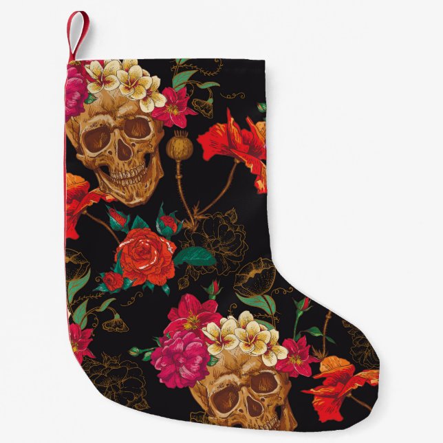 Calcetín Navideño Pequeño Flores De Calavera: Fondo Oscuro Sin Marea. (Anverso)