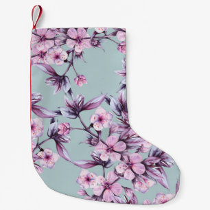 Calcetín Navideño Pequeño Flores de cerezo rosa: rama de fondo acuarela