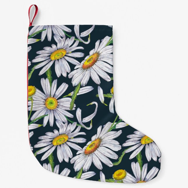 Calcetín Navideño Pequeño Flores De Chamomile: Acuarela Azul Oscuro. (Anverso)
