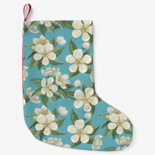 Calcetín Navideño Pequeño Flores de color blanco hojas verdes