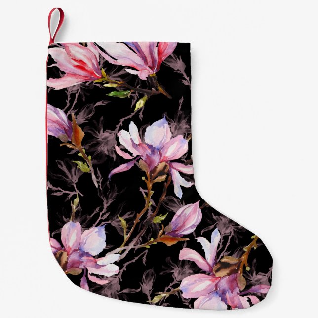 Calcetín Navideño Pequeño Flores de magnolia rosa en un patrón de ramita (Anverso)