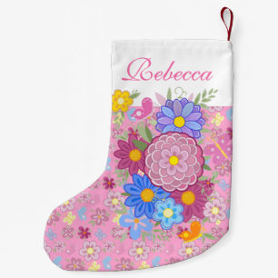 Calcetín Navideño Pequeño Flores de monograma y diseño floral de mariposa ro